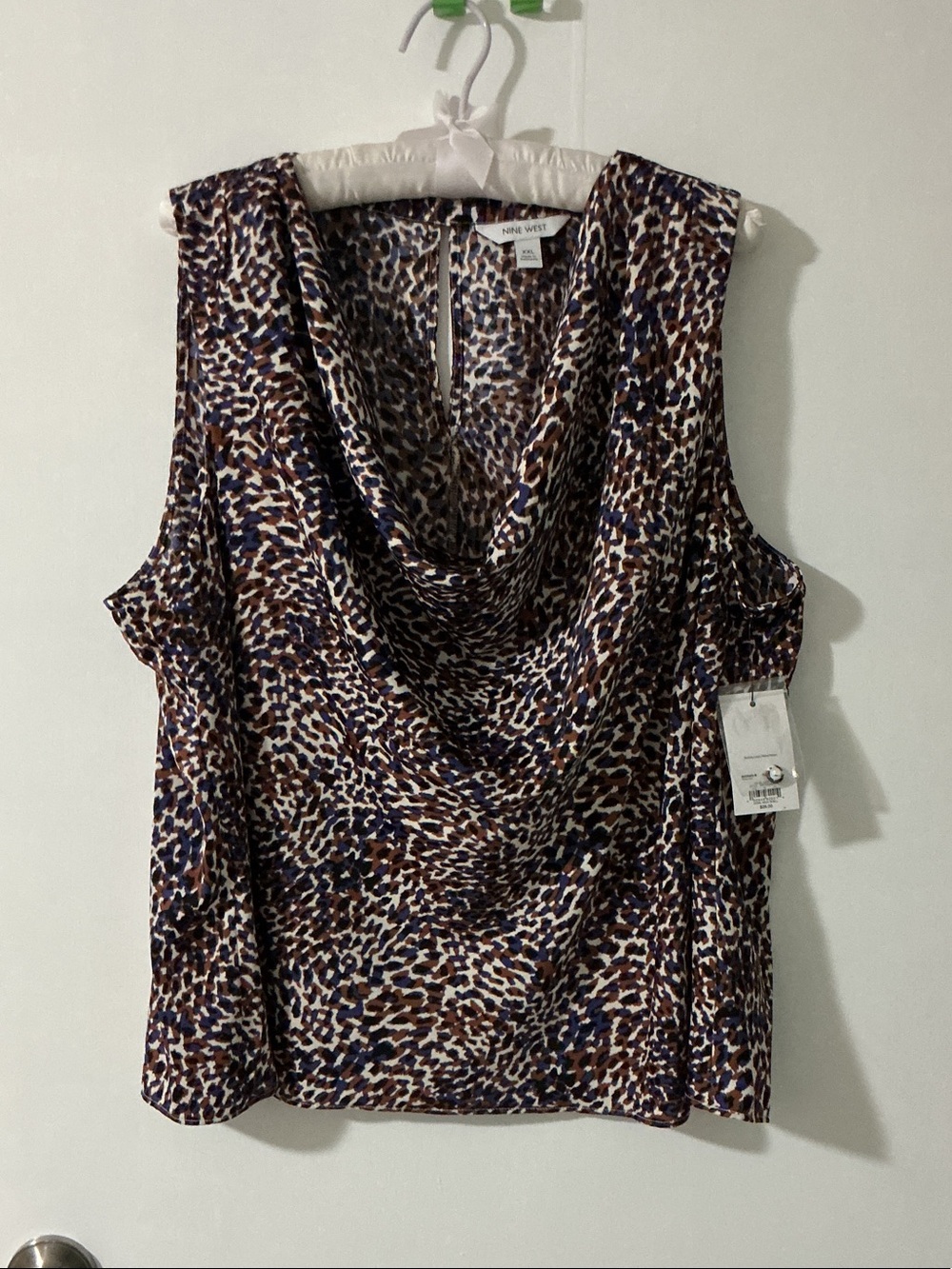 Nine West Brown and Blue Printed Cowl Neck Sleeveless Top